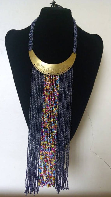 African beaded fringe necklace blue jewelry