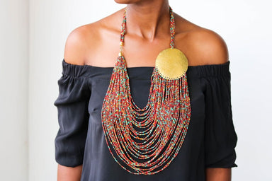 African beaded fringe necklace blue jewelry