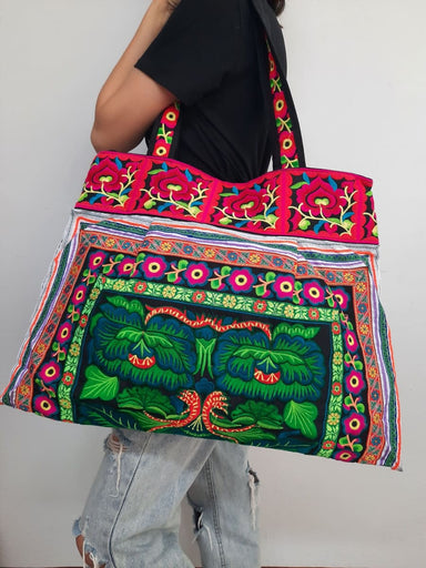 Handmade Boho Yoga Mat Bag with Hmong Embroidery, Large Tribal Pom Pom Mat  Bag