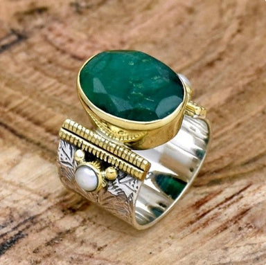 Indian Emerald & Pearl Ring Emerald Ring Wide Band Ring Flower Textured Ring  Two — Discovered