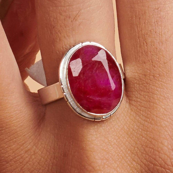 Oval Faceted Raw Red Ruby Gemstone 925 Sterling Silver Ring