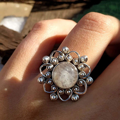 Moonstone Floral White Gold Ring. Dainty Natural Moonstone Ring. - Giliarto